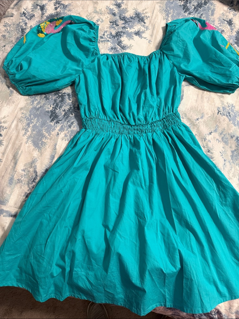 Fantastic Fawn Teal Puff-Sleeve Mini Dress with Embroidered Accents